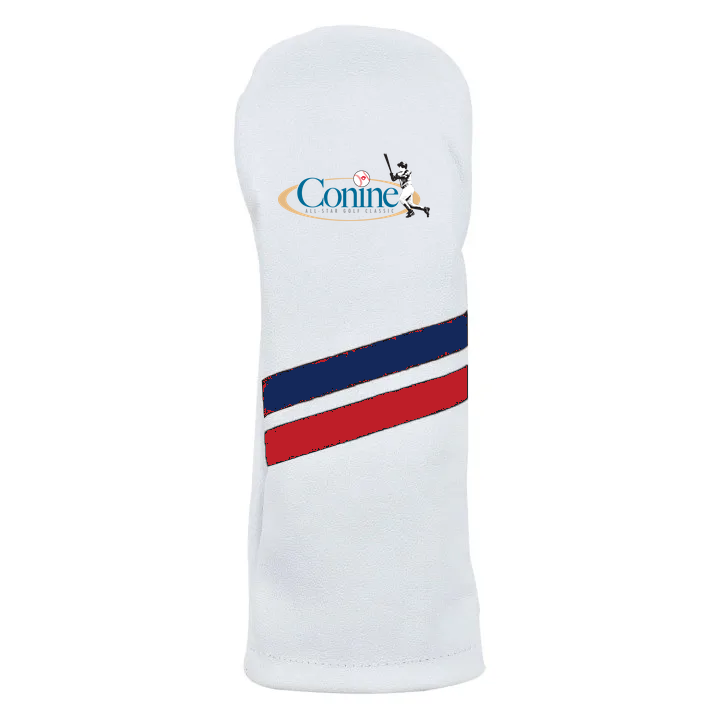 Custom driver headcover mockup with tournament branding on a white sock-style cover